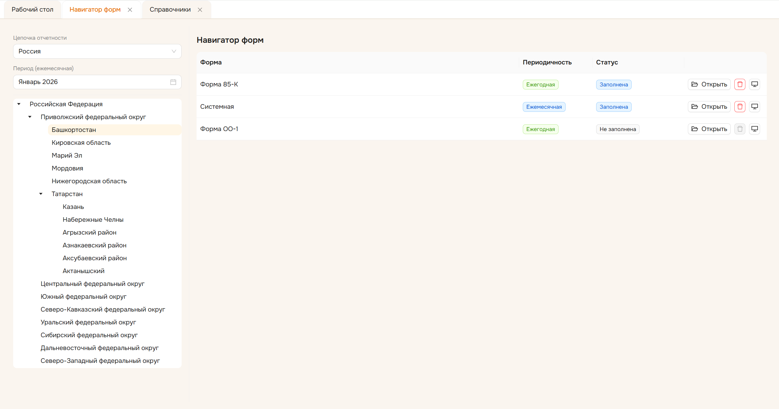 Навигатор форм Smart Forms Pro: иерархия цепочки отчётности и статусы сдачи