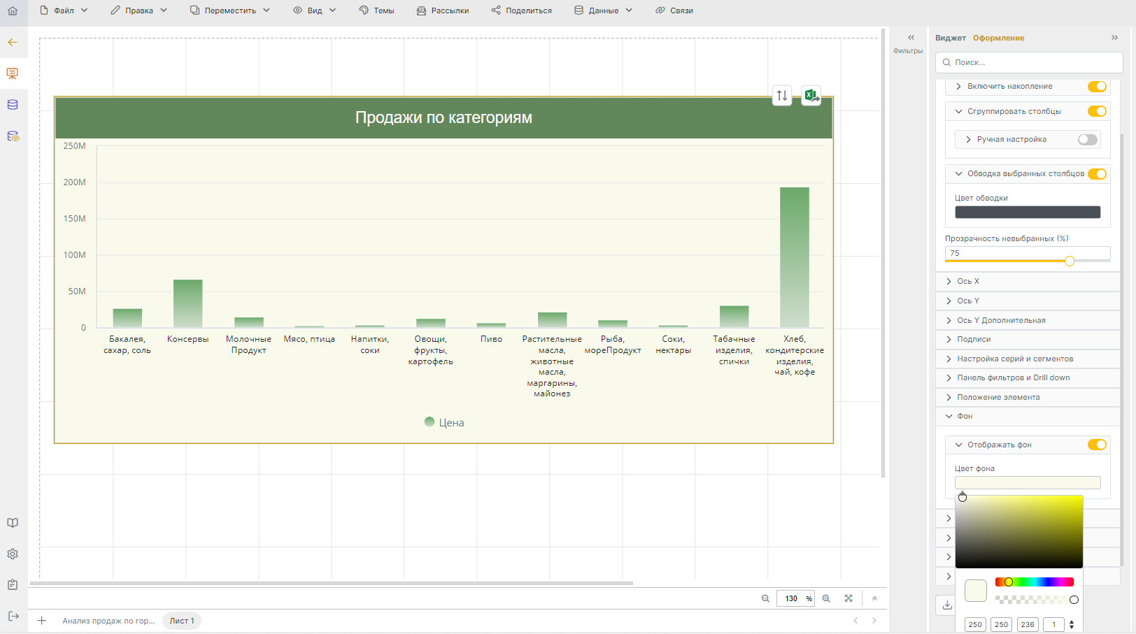 Visiology Dashboards Designer: настройка столбчатой диаграммы в браузере
